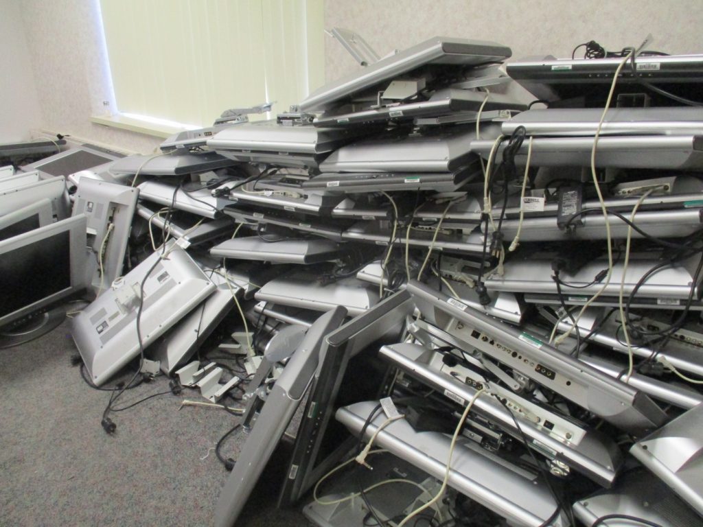 When an extended care facility closed everything in the building was donated to MESA. These are some of the flat screens we picked up… there are over 100 of them. Those with damaged screens we left behind.